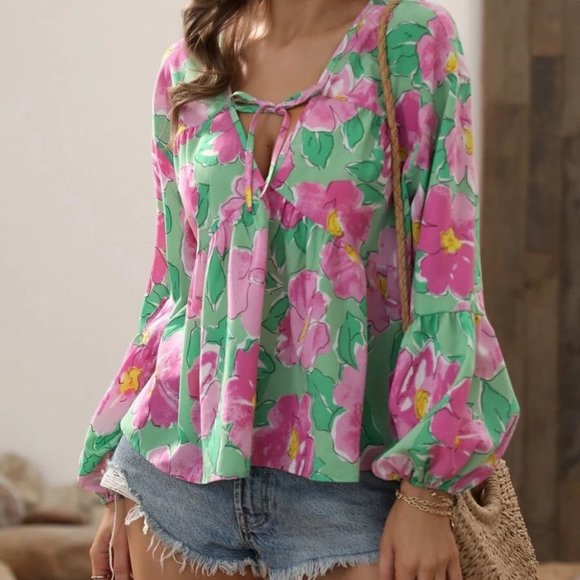 Floral print Blouse Green Pink - Picture 4 of 6